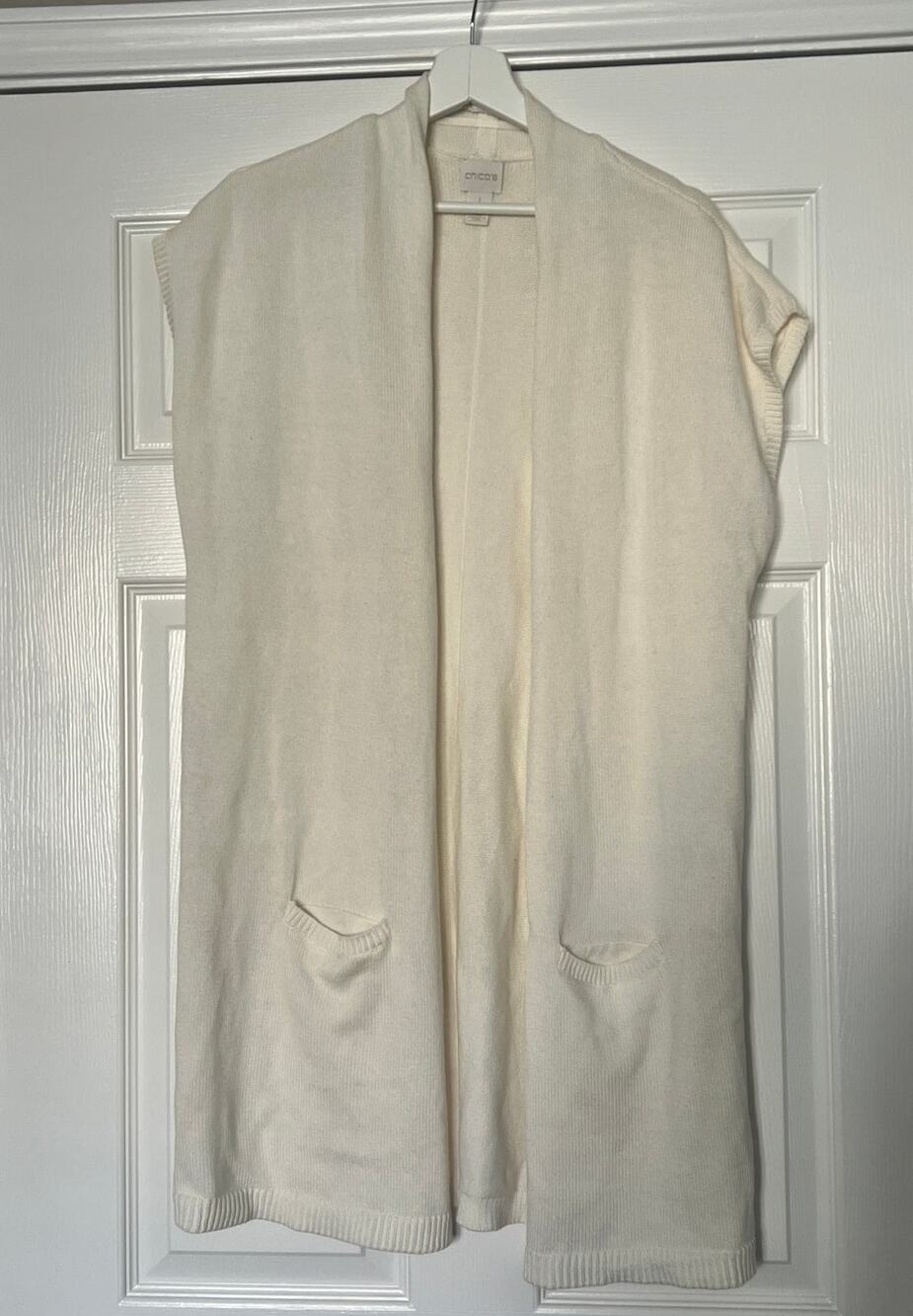 Chico's Cardigan Knit Sweater Vest Long Sleeveless Pockets Cream Size Chico's 1